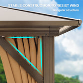 10'x13' Patio Hardtop Gazebo Canopy Polycarbonate Double-Roof w/ Netting & Curtains, Brown